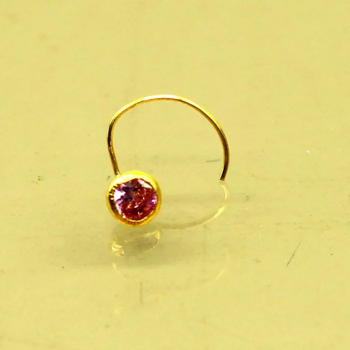 TRIBAL ORNAMENTS Rings 35mm tiny single pink stone 18kt yellow gold handmade nose pin excellent L band nose plug nose wire cartilage jewelry for girls gnp34