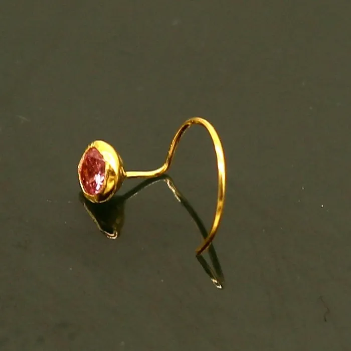 TRIBAL ORNAMENTS Rings 35mm tiny single pink stone 18kt yellow gold handmade nose pin excellent L band nose plug nose wire cartilage jewelry for girls gnp34