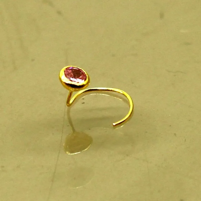 TRIBAL ORNAMENTS Rings 35mm tiny single pink stone 18kt yellow gold handmade nose pin excellent L band nose plug nose wire cartilage jewelry for girls gnp34