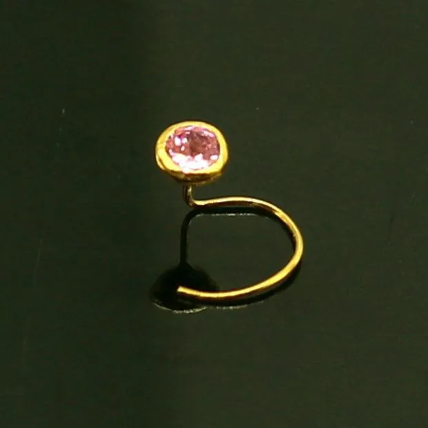 TRIBAL ORNAMENTS Rings 35mm tiny single pink stone 18kt yellow gold handmade nose pin excellent L band nose plug nose wire cartilage jewelry for girls gnp34