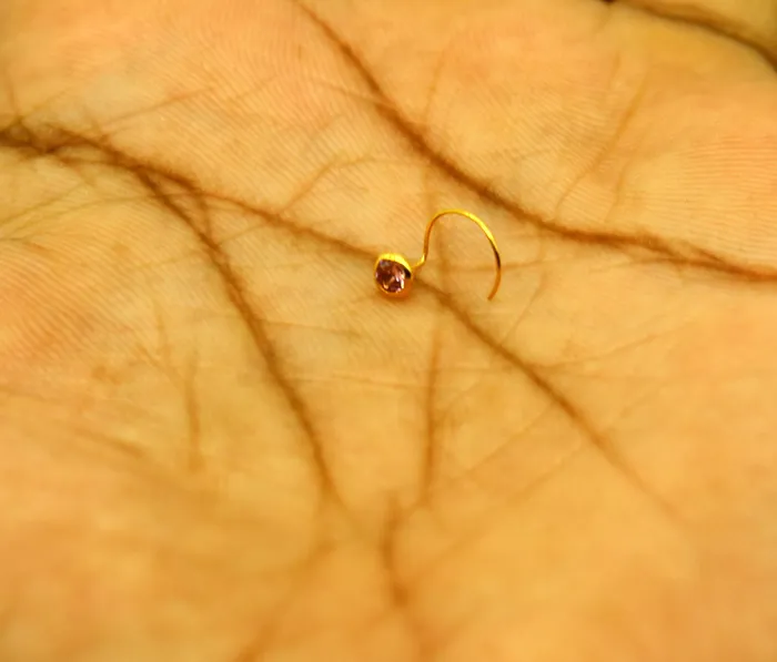 TRIBAL ORNAMENTS Rings 35mm tiny single pink stone 18kt yellow gold handmade nose pin excellent L band nose plug nose wire cartilage jewelry for girls gnp34