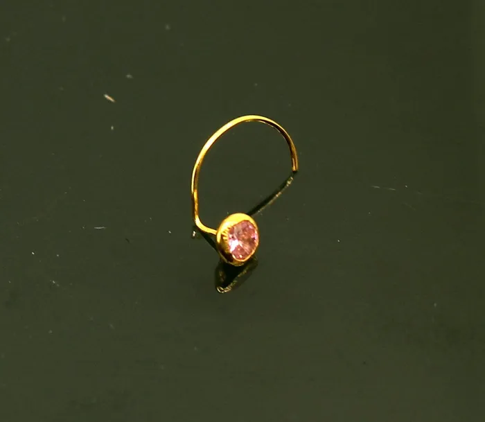 TRIBAL ORNAMENTS Rings 35mm tiny single pink stone 18kt yellow gold handmade nose pin excellent L band nose plug nose wire cartilage jewelry for girls gnp34