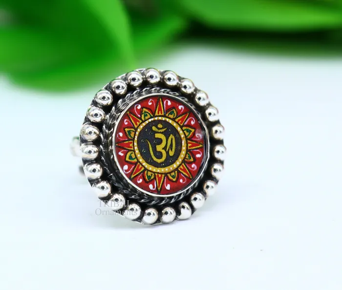 TRIBAL ORNAMENTS Rings 925 sterling silver band fabulous Idol Aum or OM miniature art painting ring Stylish ethnic party functional jewelry RRing528 TRIBAL ORNAMENTS Rings 925 sterling silver band fabulous Idol Aum or OM miniature art painting ring Stylish ethnic party functional jewelry RRing528