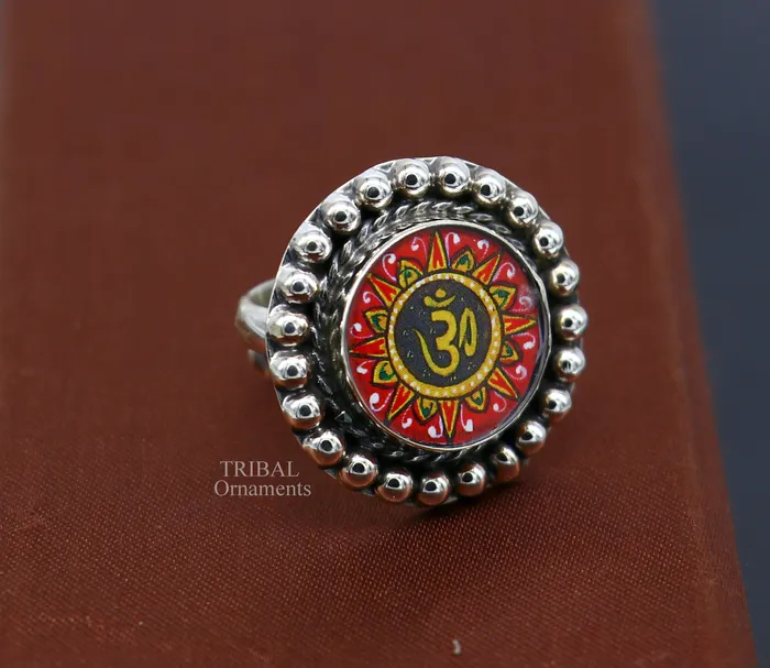 TRIBAL ORNAMENTS Rings 925 sterling silver band fabulous Idol Aum or OM miniature art painting ring Stylish ethnic party functional jewelry RRing528