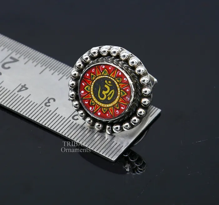 TRIBAL ORNAMENTS Rings 925 sterling silver band fabulous Idol Aum or OM miniature art painting ring Stylish ethnic party functional jewelry RRing528