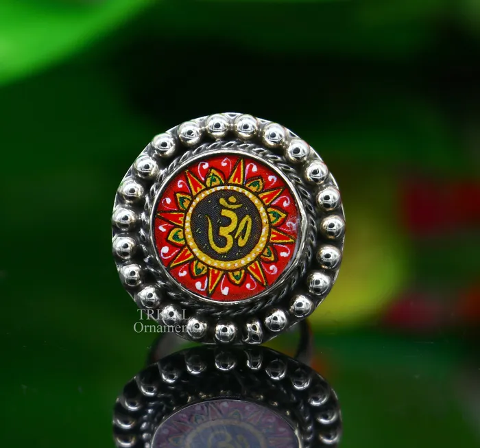 TRIBAL ORNAMENTS Rings 925 sterling silver band fabulous Idol Aum or OM miniature art painting ring Stylish ethnic party functional jewelry RRing528