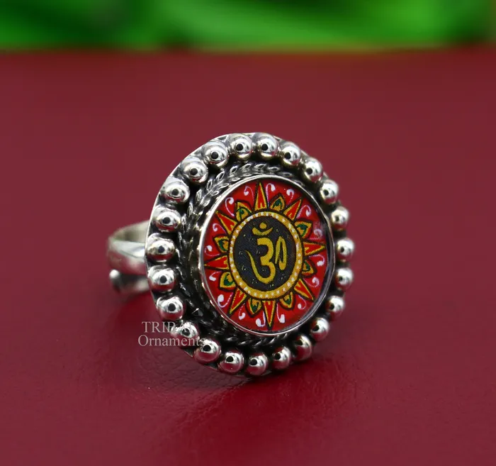 TRIBAL ORNAMENTS Rings 925 sterling silver band fabulous Idol Aum or OM miniature art painting ring Stylish ethnic party functional jewelry RRing528