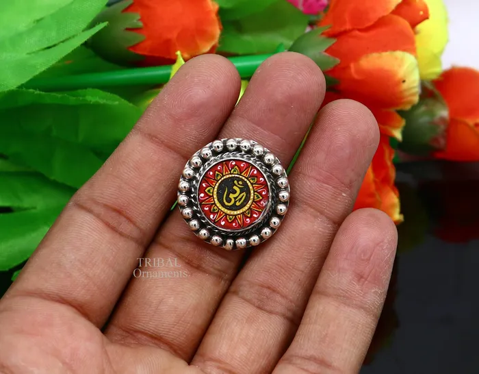 TRIBAL ORNAMENTS Rings 925 sterling silver band fabulous Idol Aum or OM miniature art painting ring Stylish ethnic party functional jewelry RRing528