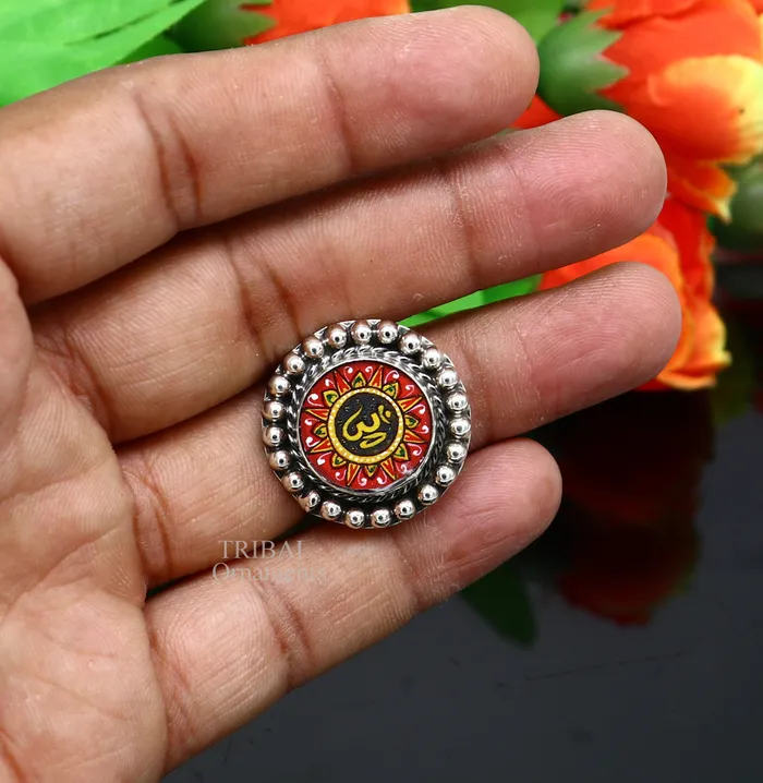 TRIBAL ORNAMENTS Rings 925 sterling silver band fabulous Idol Aum or OM miniature art painting ring Stylish ethnic party functional jewelry RRing528