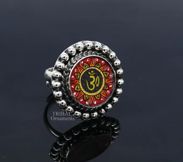 TRIBAL ORNAMENTS Rings 925 sterling silver band fabulous Idol Aum or OM miniature art painting ring Stylish ethnic party functional jewelry RRing528