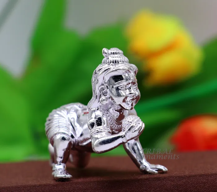 TRIBAL ORNAMENTS Rings 925 Sterling silver Idol Krishna Bal Gopala crawling Krishna statue figurine child krishna laddu gopala sculpture silver article art583
